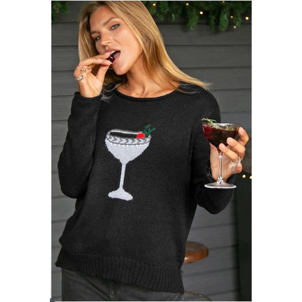 Wooden Ships Fete Lightweight Crew Mohair Sweater Black Cocktail Graphic S/M NEW